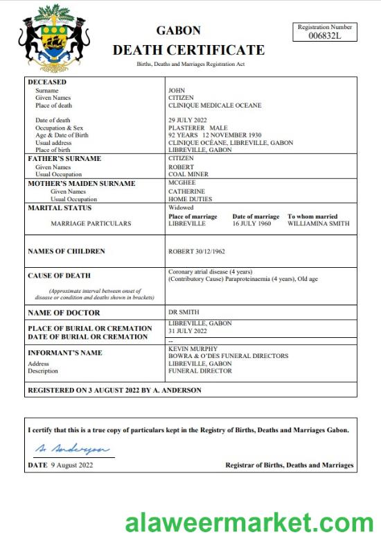Gabon death certificate Word and PDF template